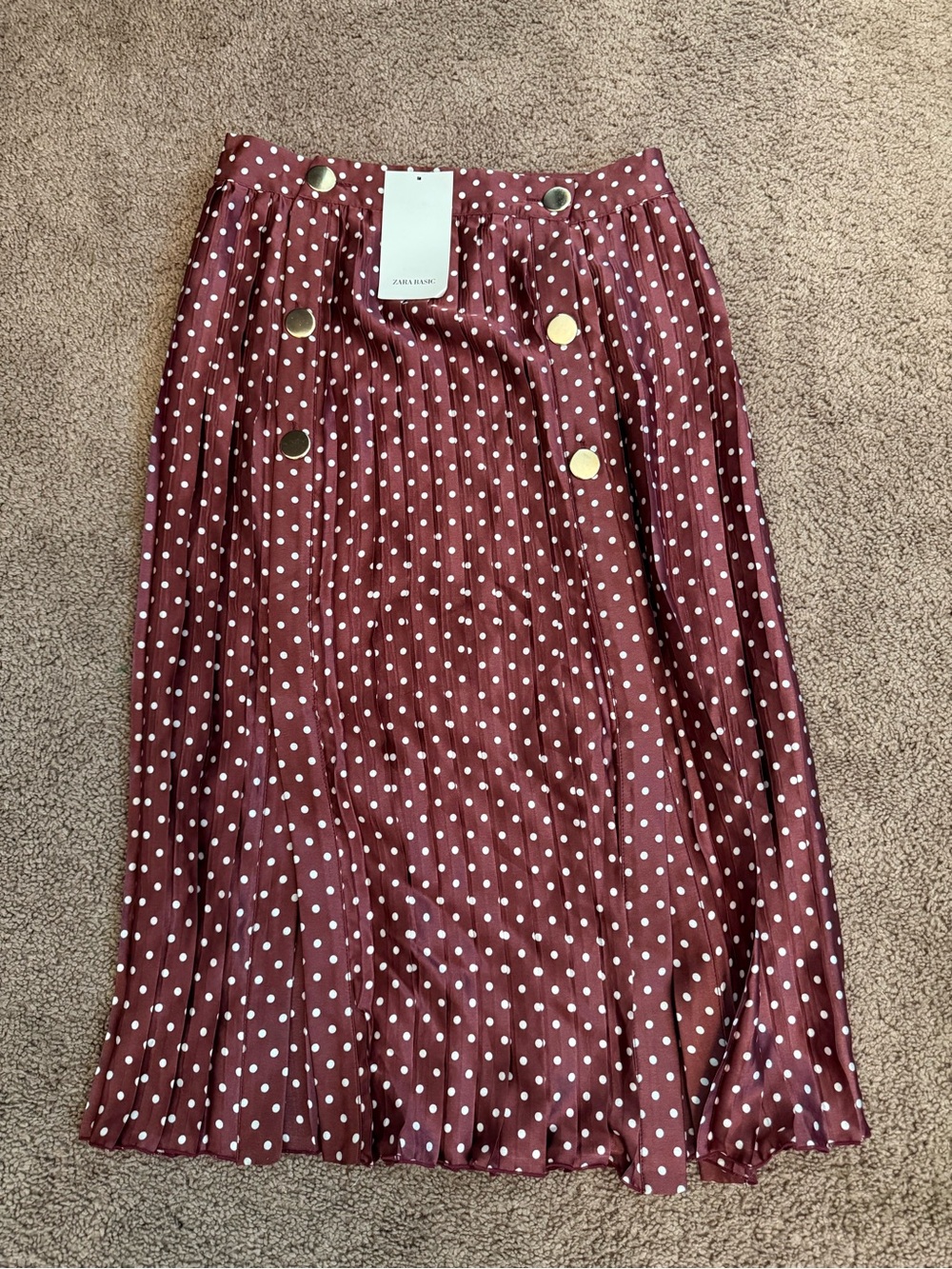 Zara Burgundy Polka-Dot Pleated Midi Skirt with Gold Buttons